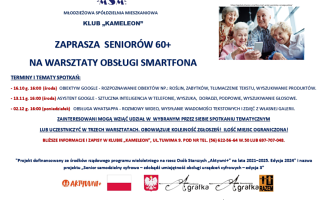 Młodzieżowa Spółdzielnia Mieszkaniowa Klub "Kameleon"  ZAPRASZA  SENIORÓW 60+  NA WARSZTATY OBSŁUGI SMARTFONA