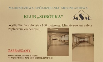 Klub " Sobótka" zaprasza do wynajęcia sali 100 metrowej na Sylwestra.