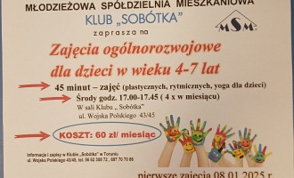 Klub " Sobótka" zaprasza na zajęcia ogólnorozwojowe dla dzieci w wieku 4-7 lat.